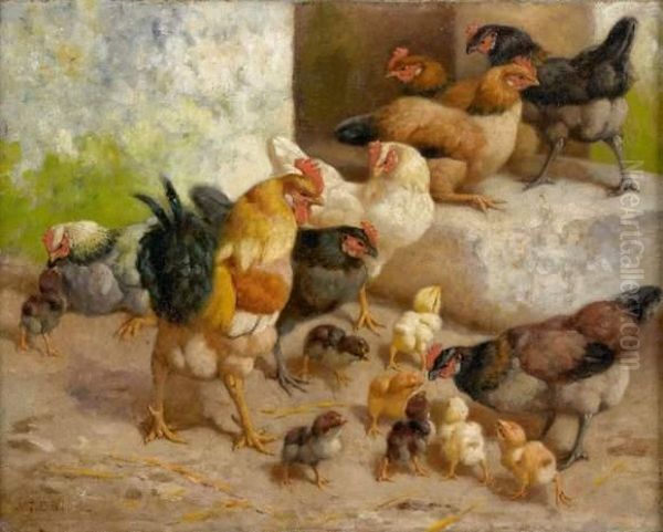 Poules Et Poussins Oil Painting by William Baird