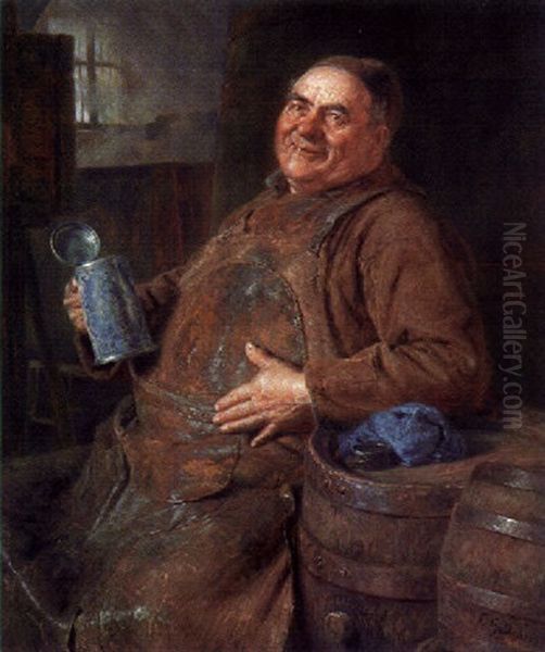 Klosterbraumeister Im Keller Zwischen Fassern, Einen Bierkrug Haltend Oil Painting by Eduard von Gruetzner