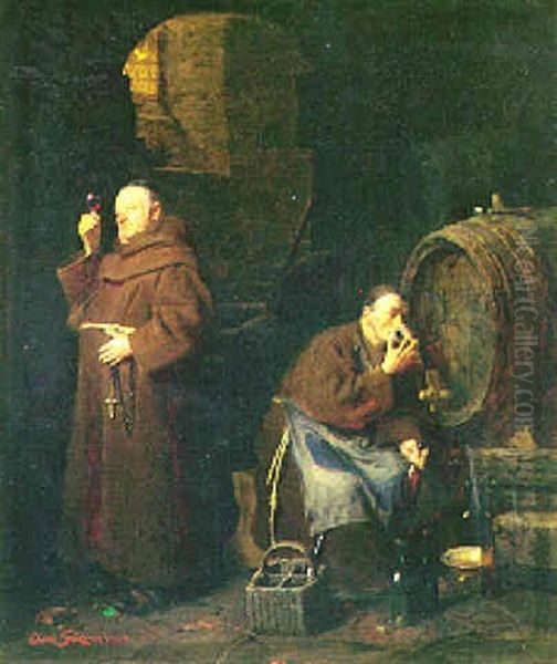 Zwei Moenche Bei Der Weinprobe Oil Painting by Eduard von Gruetzner