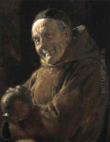 Monch Mit Weinkrug Oil Painting by Eduard von Gruetzner