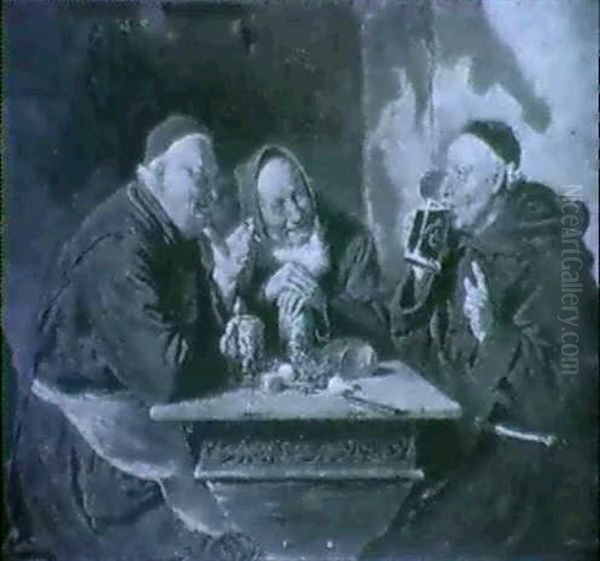 Monks Drinking Beer In A Cellar Oil Painting by Eduard von Gruetzner