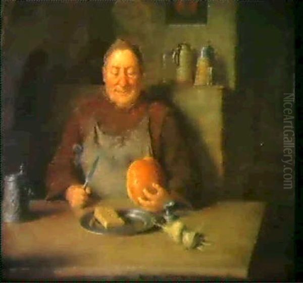 Monch Bei Der Brotzeit Am Tisch Im                          Kellergewolbe Sitzend Oil Painting by Eduard von Gruetzner