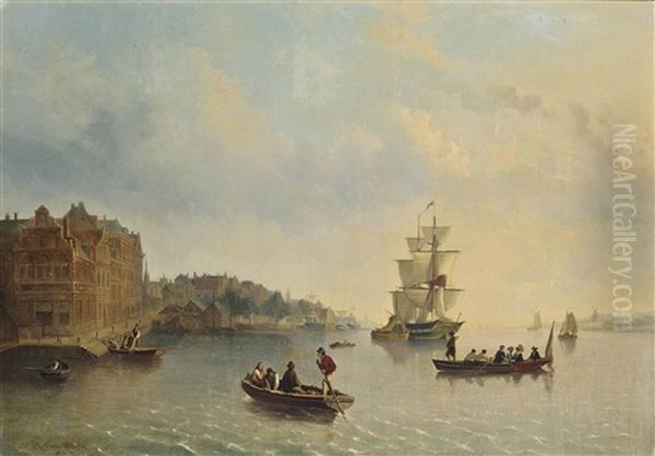 A British Armed Merchantman And Local Craft On The Upper Reaches Of The Scheldt Oil Painting by Willem Gruyter The Younger