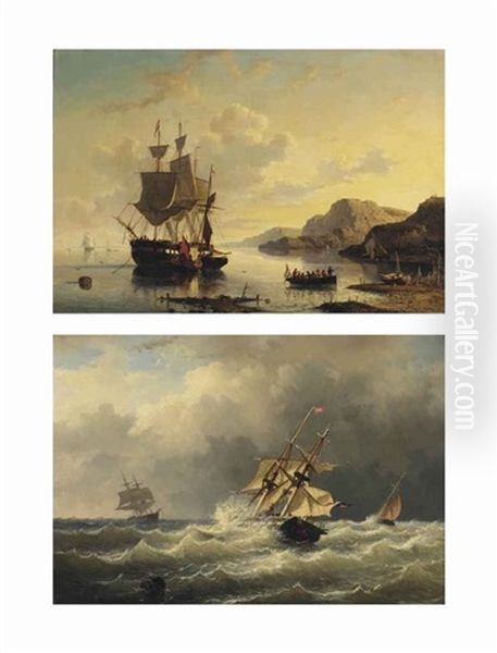 A Dutch Tree-master At Anchor In A Bay; A Dutch Two-master Braving The Waves (pair) Oil Painting by Willem Gruyter The Younger