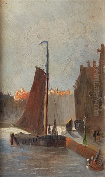 Ship In An Amsterdam Town Canal Oil Painting by Willem Gruyter The Younger