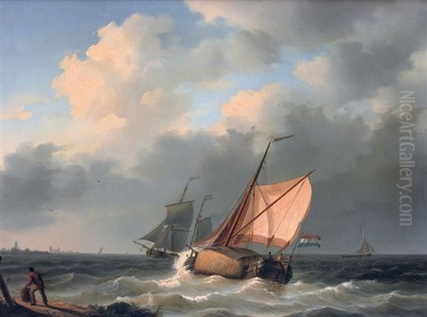 A Hay Barge On Choppy Waters Oil Painting by Willem Gruyter The Younger