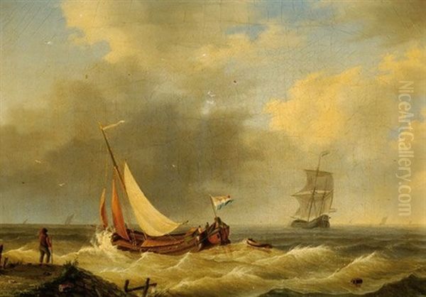 Ships By A Jetty Oil Painting by Willem Gruyter The Younger