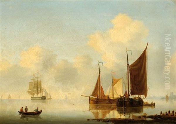 Moored Ships On A Calm Estuary Oil Painting by Willem Gruyter The Younger