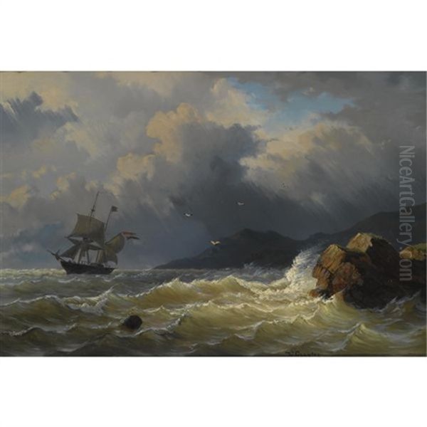 A Sailing Vessel Near A Rocky Coast Oil Painting by Willem Gruyter The Younger