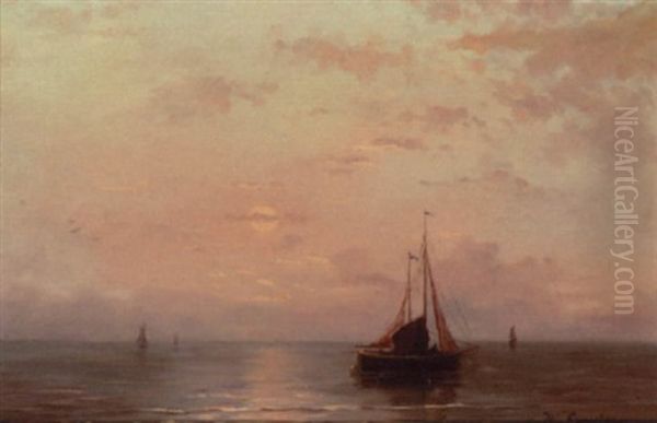 Fishing Vessels On Still Waters At Dusk Oil Painting by Willem Gruyter The Younger