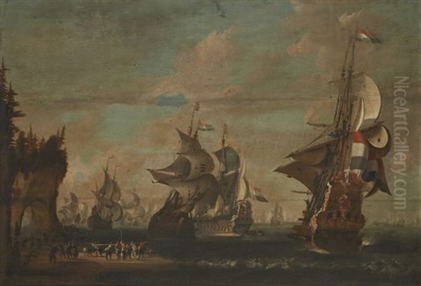 La Flotte Hollandaise En Rade Dans Un Paysage Du Nord Oil Painting by Jacob De Gruyter