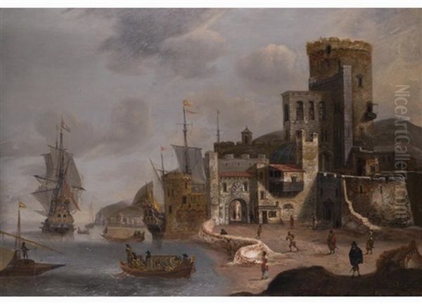 Schiffe An Hafengebauden Einer Sudlichen Stadt Oil Painting by Jacob De Gruyter