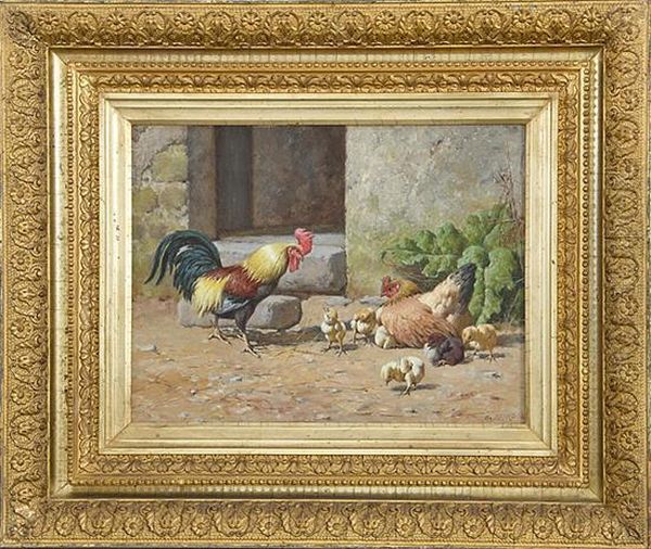 Rooster, Hen And Chicks Oil Painting by William Baptiste Baird