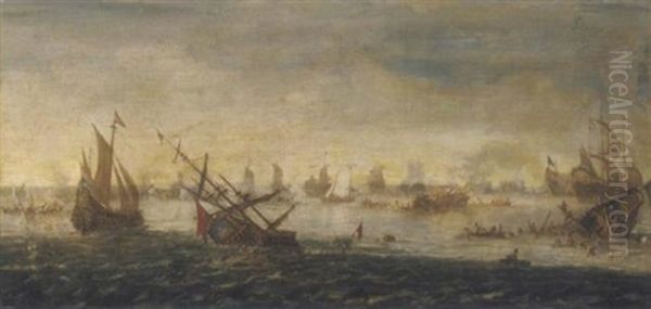 A Naval Battle Oil Painting by Jacob De Gruyter