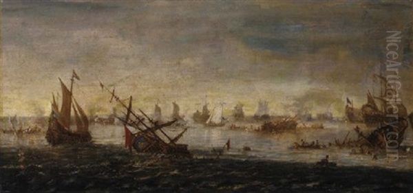 A Naval Battle Oil Painting by Jacob De Gruyter