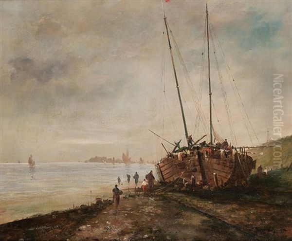 Paisaje Costero Con Barco Oil Painting by Jacob Willem Gruyter