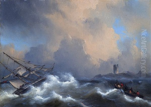 Navire Sur Une Mer Agitee Et Chaloupe Oil Painting by Jacob Willem Gruyter