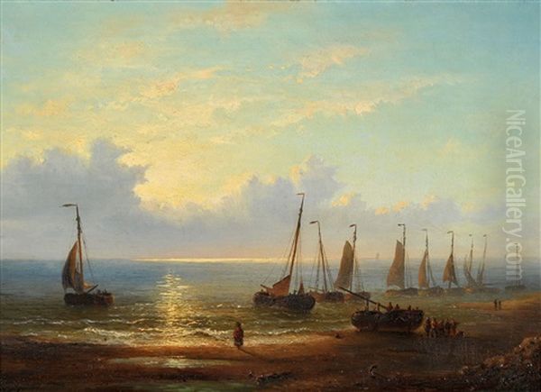 Fischerboote Am Strand Von Scheveningen Oil Painting by Jacob Willem Gruyter