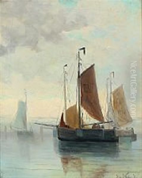 Fishing Boats On A Quiet Day Oil Painting by Jacob Willem Gruyter