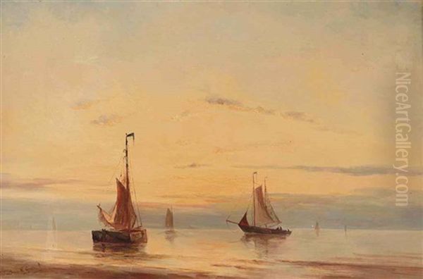 Sailing Vessels Moored At Sunset Oil Painting by Jacob Willem Gruyter