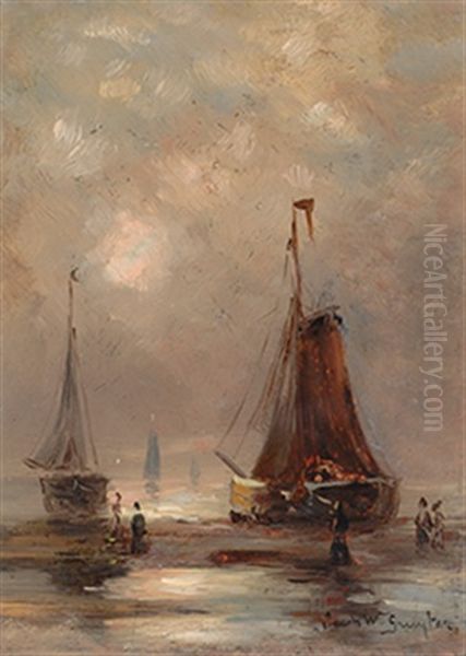 Barges On The Beach Oil Painting by Jacob Willem Gruyter