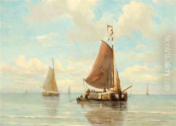 Sailing Boats On A Calm Sea Oil Painting by Jacob Willem Gruyter