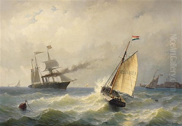 Schiffe Auf Der Bewegten See Vor Den Hafenanlagen Von Vlissingen Oil Painting by Jacob Willem Gruyter