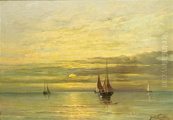 Fishing Boats On A Calm Sea Oil Painting by Jacob Willem Gruyter