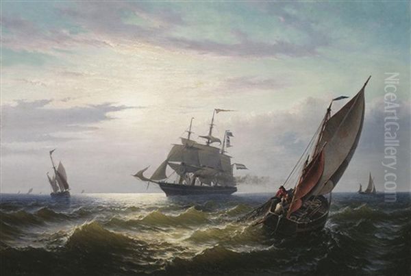 Dreimaster Und Fischerboote Auf Hoher See Bei Abendstimmung Oil Painting by Jacob Willem Gruyter