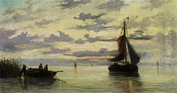 Boats In An Estuary Oil Painting by Jacob Willem Gruyter