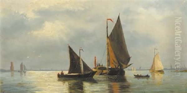 Sailing Barges In A Calm At Dusk Oil Painting by Jacob Willem Gruyter