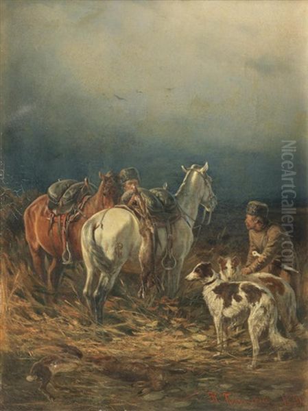 Hunting Scene Oil Painting by Petr Nikolaevich Gruzinsky