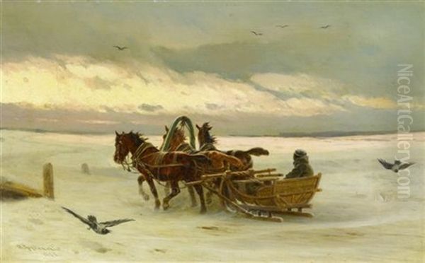 Pferdeschlitten Im Schnee Oil Painting by Petr Nikolaevich Gruzinsky