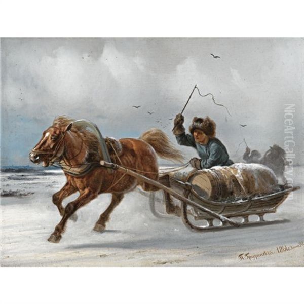 Sleigh Driver Oil Painting by Petr Nikolaevich Gruzinsky