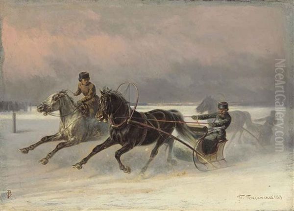 Galloping Through The Snow Oil Painting by Petr Nikolaevich Gruzinsky