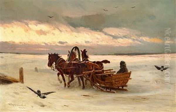 Winter Landscape With A Troika In The Evening Sun Oil Painting by Petr Nikolaevich Gruzinsky