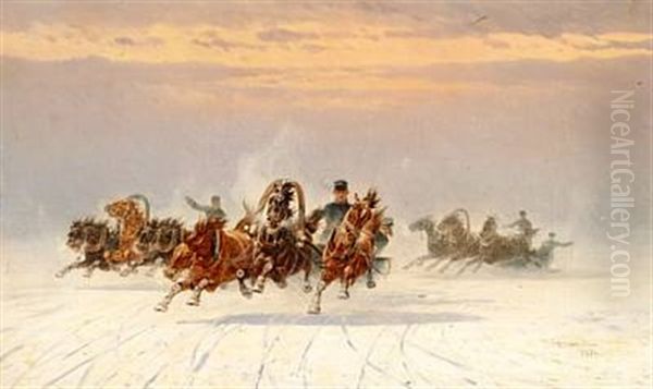 Soldiers On Troikas At High Speed Oil Painting by Petr Nikolaevich Gruzinsky