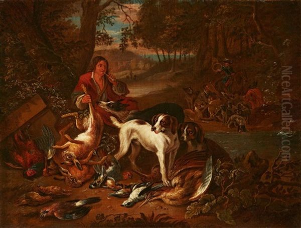 Landscape With Hunters, Dogs, And Game Oil Painting by Adriaen de Gryef