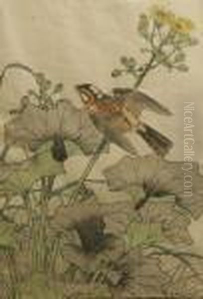 Bird And Flowers Oil Painting by Kono Bairei