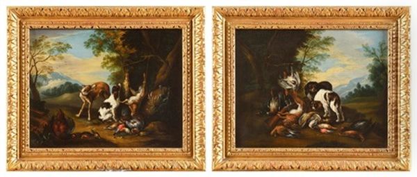 Chiens Devant Un Trophee (pair) Oil Painting by Adriaen de Gryef