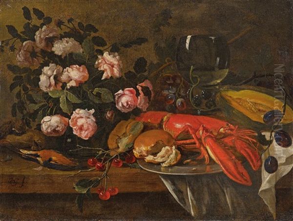 A Still Life With A Lobster And Roses In A Vase Oil Painting by Adriaen de Gryef