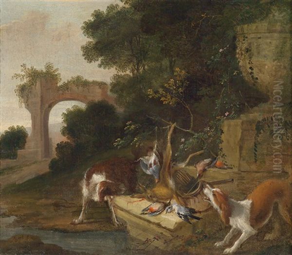 Jagdhunde Mit Erlegtem Wild An Einem Monument Oil Painting by Adriaen de Gryef