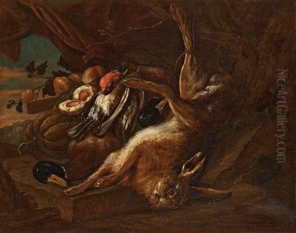 Still Life With Rabbit, Duck And Small Birds Oil Painting by Adriaen de Gryef