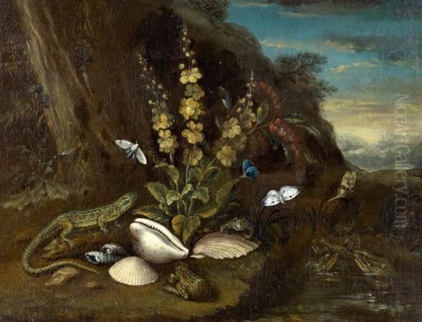 Landschaft Mit Froschen, Schmetterlingen, Muscheln Und Einer Eidechse Oil Painting by Adriaen de Gryef