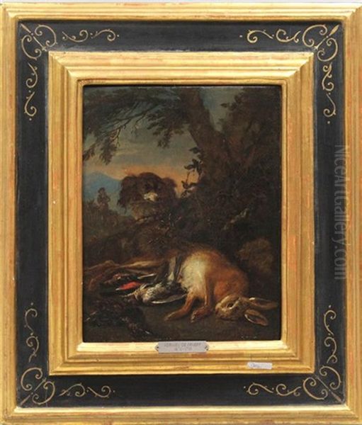 Jagdstillleben Mit Erlegtem Hasen Und Vogeln, Im Hintergrund Jager Mit Seinen Hunden by Adriaen de Gryef