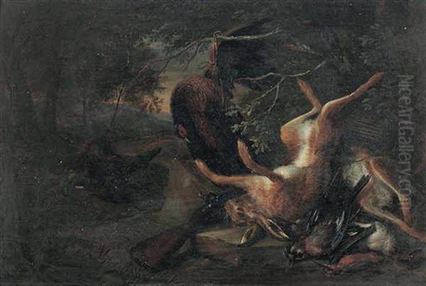 Waldlandschaft Mit Erlegtem Hasen Und Federvieh (+ Waldlandschaft Mit Erlegtem Hasen, Federvieh Und Flinte; Pair) Oil Painting by Adriaen de Gryef