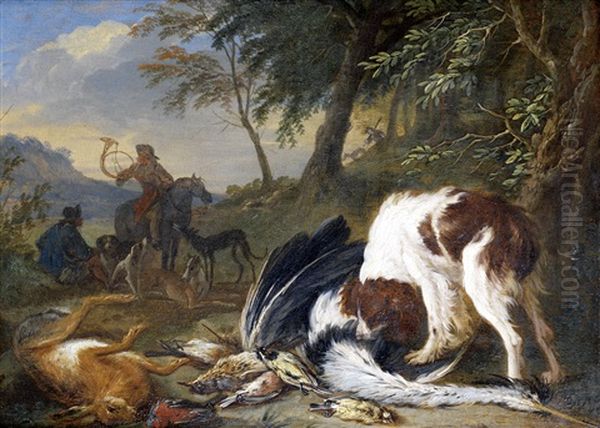 A Spaniel With A Dead Heron And Other Birds In A Wooded Landscape, Huntsmen And Their Dogs Beyond Oil Painting by Adriaen de Gryef