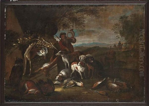 A Hunting Party At Rest With A Huntsman Playing The Horn Oil Painting by Adriaen de Gryef