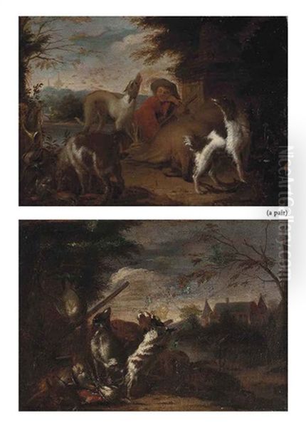 A Wooded River Landscape With A Huntsman And His Dogs (+ A Wooded River Landscape With Dead Game In A Clearing; 2 Works) by Adriaen de Gryef