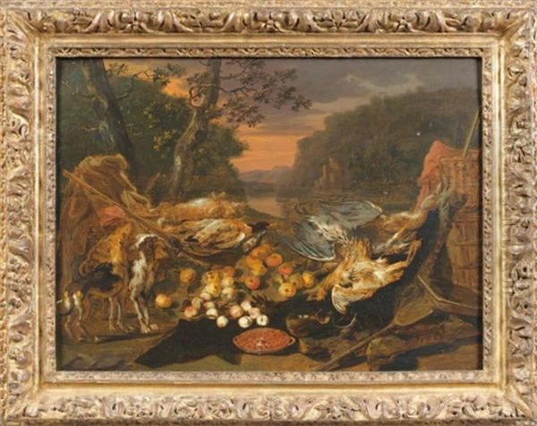 Trophee De Chasse, Fruits Et Chien Dans Un Paysage Au Bord D'un Fleuve Oil Painting by Adriaen de Gryef